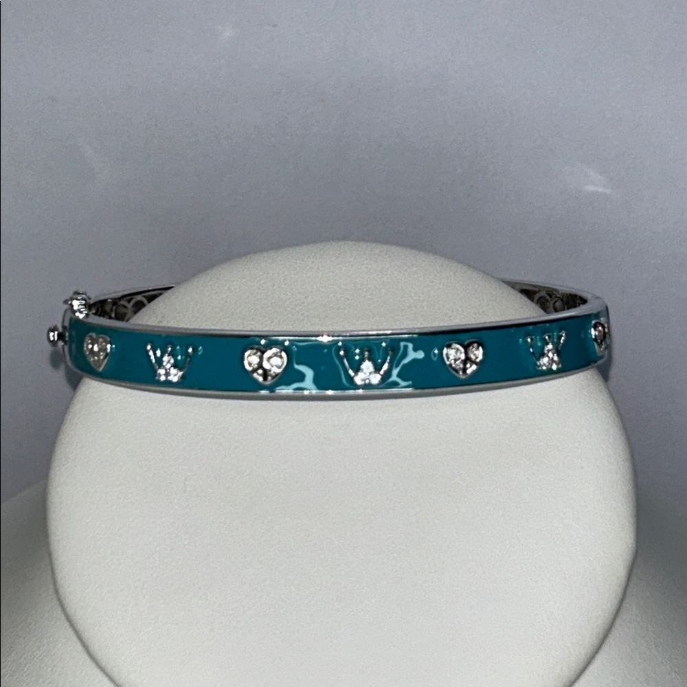 NWOT PEACE LOVE Designer Turquoise Color Enamel Sterling Silver Bangle Bracelet